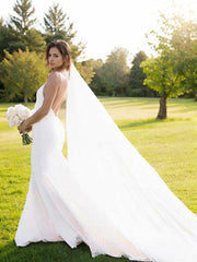 Wedding Dress With Sleev, Sheath/Column V-neck Court Train Stretch Crepe Wedding Dresses