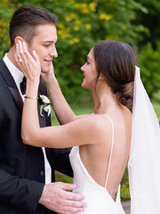 Wedsing Dresses With Sleeves, Sheath/Column V-neck Court Train Stretch Crepe Wedding Dresses