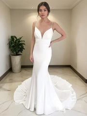 Wedding Dress Elegant Simple, Sheath/Column V-neck Court Train Stretch Crepe Wedding Dresses