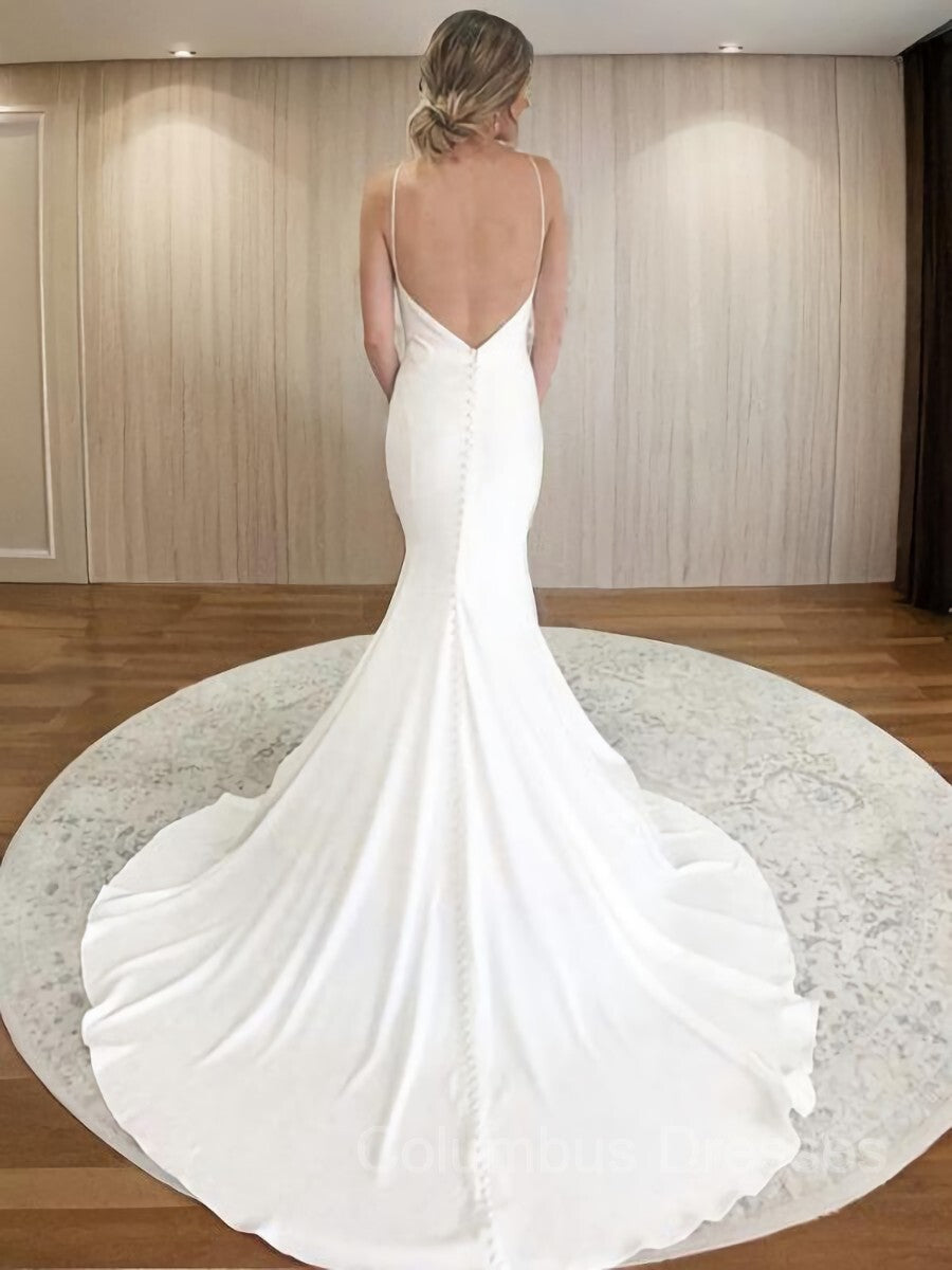 Wedding Dress Under 5006, Sheath/Column V-neck Court Train Stretch Crepe Wedding Dresses