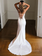 Wedding Dresses Classic, Sheath/Column V-neck Court Train Stretch Crepe Wedding Dresses With Leg Slit