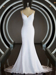 Wedding Dresse Vintage Lace, Sheath/Column V-neck Court Train Stretch Crepe Wedding Dresses with Ruffles