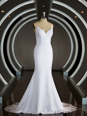 Wedding Dresses Budget, Sheath/Column V-neck Court Train Stretch Crepe Wedding Dresses with Ruffles