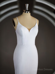 Wedding Dresses Long Sleev, Sheath/Column V-neck Court Train Stretch Crepe Wedding Dresses with Ruffles