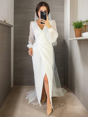 Wedding Dresses Classic Elegant, Sheath/Column V-neck Floor-Length Chiffon Wedding Dresses