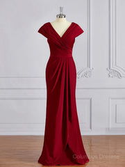 Bridesmaid Dresses Fall Wedding, Sheath/Column V-neck Floor-Length Jersey Mother of the Bride Dresses With Ruffles