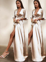 Prom Dress Two Pieces, Sheath/Column V-neck Floor-Length Silk like Satin Evening Dresses With Leg Slit