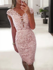 Prom Dress With Pocket, Sheath/Column V-neck Knee-Length Lace Homecoming Dresses
