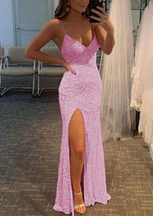 Homecoming Dress Online, Sheath/Column V Neck Spaghetti Straps Long/Floor-Length Velvet Sequins Prom Dress With Split