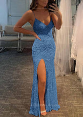 Homecoming Dresses Elegant, Sheath/Column V Neck Spaghetti Straps Long/Floor-Length Velvet Sequins Prom Dress With Split