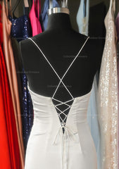 Party Dresses Summer Dresses, Sheath/Column V Neck Spaghetti Straps Sweep Train Satin Prom Dress With Pleated Split