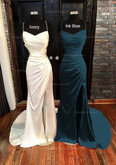 Party Dress Large Size, Sheath/Column V Neck Spaghetti Straps Sweep Train Satin Prom Dress With Pleated Split