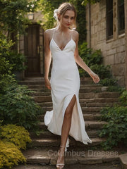 Wedding Dresses With Long Trians, Sheath/Column V-neck Sweep Train Stretch Crepe Wedding Dresses With Leg Slit