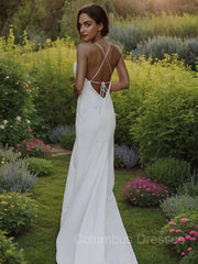 Wedding Dress Tulle Lace, Sheath/Column V-neck Sweep Train Stretch Crepe Wedding Dresses With Leg Slit