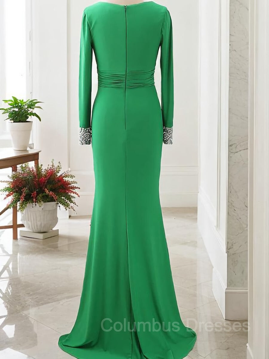 Party Dress Spring, Sheath/Column V-neck Sweep Train Jersey Mother of the Bride Dresses With Ruffles