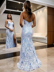 Prom Dresses Blue, Sheath/Column V-neck Sweep Train Lace Prom Dresses With Leg Slit