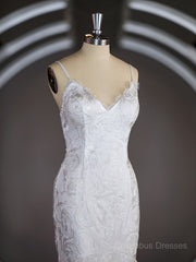 Wedding Dress Elegant Simple, Sheath/Column V-neck Sweep Train Lace Wedding Dresses with Appliques Lace