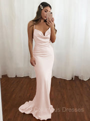 Party Dress Outfit Ideas, Sheath/Column V-neck Sweep Train NS Elastic Woven Satin Prom Dresses