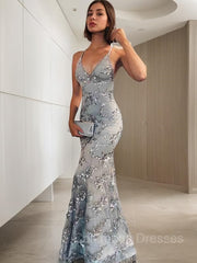 Evening Dress Designer, Sheath/Column V-neck Sweep Train Prom Dresses With Appliques Lace