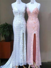 Prom Dresses 2040 Black, Sheath/Column V-neck Sweep Train Sequins Prom Dresses With Leg Slit