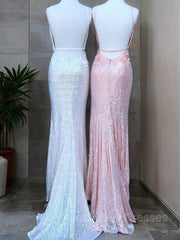 Prom Dress Long With Sleeves, Sheath/Column V-neck Sweep Train Sequins Prom Dresses With Leg Slit