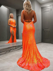 Prom Dresses Long With Sleeves, Sheath/Column V-neck Sweep Train Sequins Prom Dresses With Leg Slit