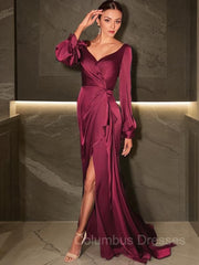 Party Dress Indian, Sheath/Column V-neck Sweep Train Silk like Satin Mother of the Bride Dresses With Ruched