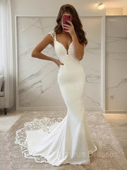 Wedding Dress Girl, Sheath/Column V-neck Sweep Train Stretch Crepe Wedding Dresses