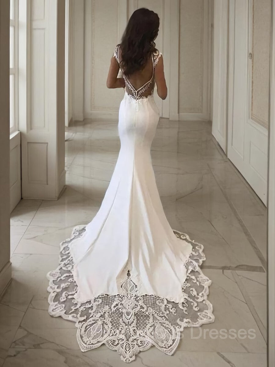 Wedding Dresses Girl, Sheath/Column V-neck Sweep Train Stretch Crepe Wedding Dresses