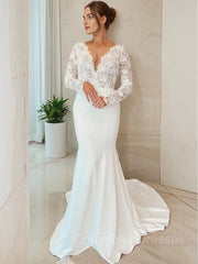 Wedding Dress Shoulder, Sheath/Column V-neck Sweep Train Stretch Crepe Wedding Dresses