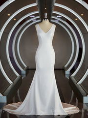 Wedding Dresses A Line Sleeves, Sheath/Column V-neck Sweep Train Stretch Crepe Wedding Dresses with Ruffles