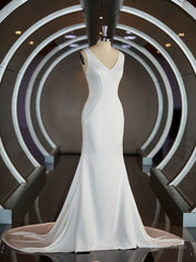 Wedding Dress Order Online, Sheath/Column V-neck Sweep Train Stretch Crepe Wedding Dresses with Ruffles