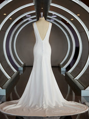 Wedding Dress Lace A Line, Sheath/Column V-neck Sweep Train Stretch Crepe Wedding Dresses with Ruffles