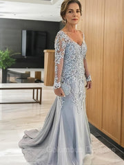 Formal Dress Attire, Sheath/Column V-neck Sweep Train Tulle Mother of the Bride Dresses With Appliques Lace
