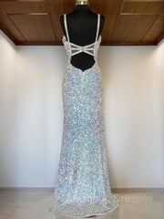 Party Dress Satin, Sheath/Column V-neck Sweep Train Velvet Sequins Prom Dresses With Leg Slit