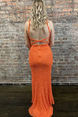 Sheath Deep V Neck Orange Sequins Backless Long Prom Dress