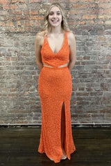 Sheath Deep V Neck Orange Sequins Backless Long Prom Dress