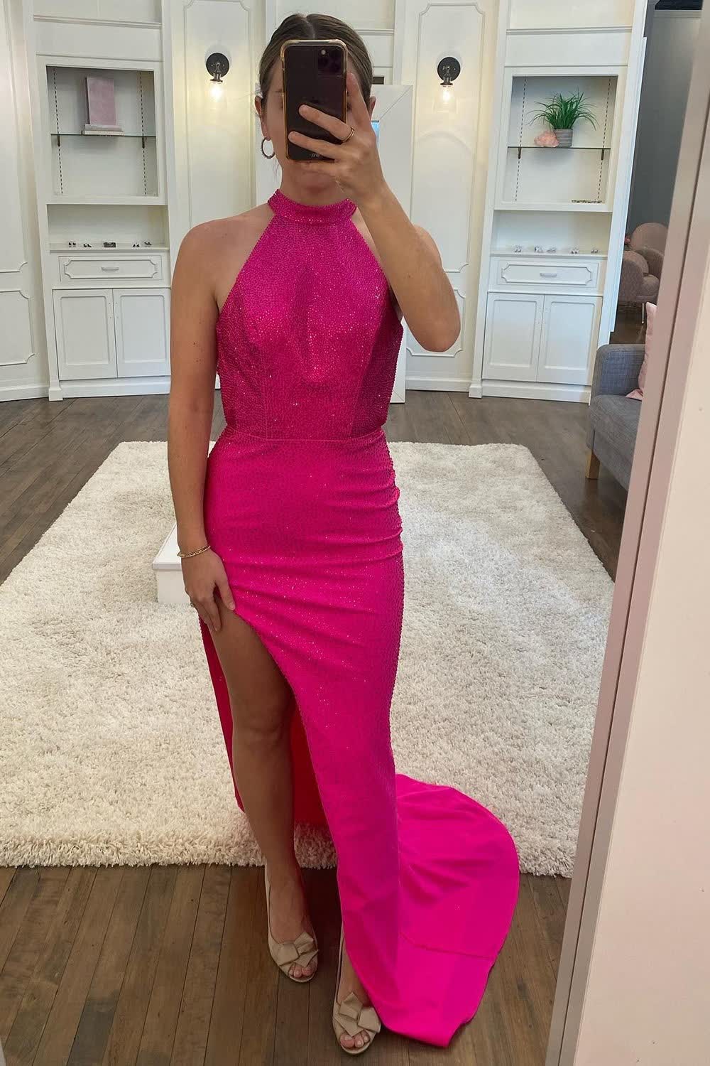 Sheath Halter Hot Pink Beading Long Prom Dress with Open Back