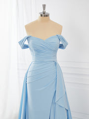 Party Dresses Design, Sheath Jersey Off-the-Shoulder Pleated Sweep Train Dress