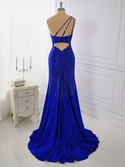 Party Dress Brands, Sheath Jersey One-Shoulder Beading Sweep Train Dress