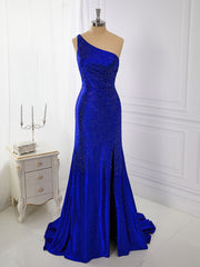Party Dresses 2029, Sheath Jersey One-Shoulder Beading Sweep Train Dress