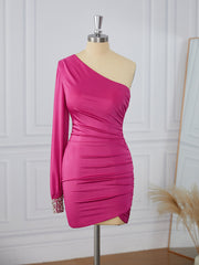 Prom Dress With Pocket, Sheath Long Sleeves Jersey One-Shoulder Pleated Short/Mini Dress