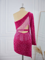 Prom Dresses Open Back, Sheath Long Sleeves Velvet Sequins One-Shoulder Short/Mini Dress