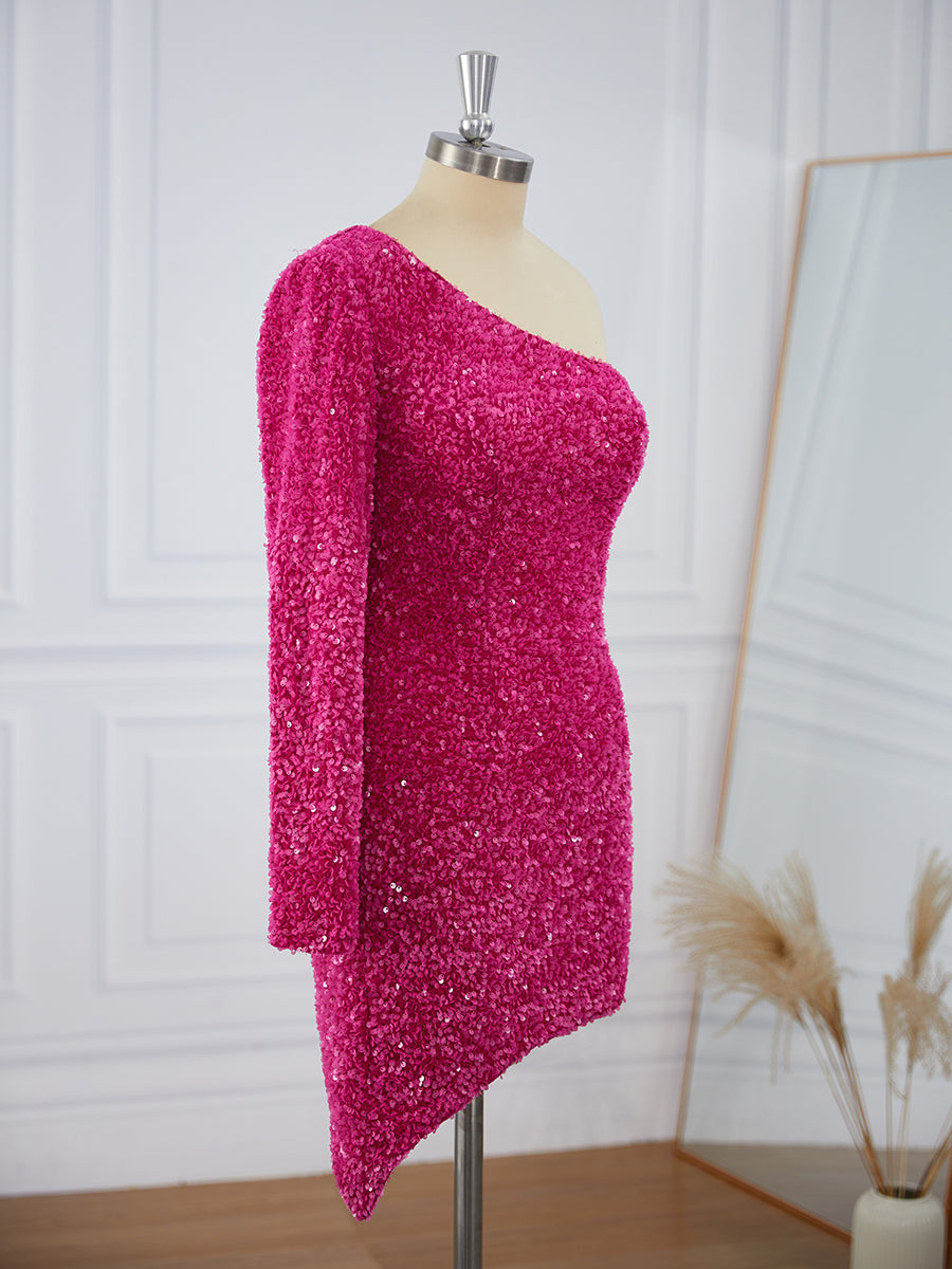 Prom Dress 2029, Sheath Long Sleeves Velvet Sequins One-Shoulder Short/Mini Dress