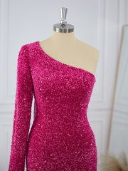 Prom Dresses2029, Sheath Long Sleeves Velvet Sequins One-Shoulder Short/Mini Dress