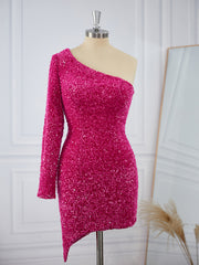 Prom Dresses Cute, Sheath Long Sleeves Velvet Sequins One-Shoulder Short/Mini Dress
