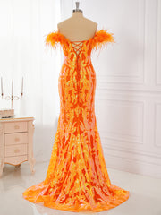 Party Dress And Gown, Sheath Off-the-Shoulder Feather Sweep Train Dress