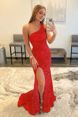 Sheath One Shoulder Red Sequins Prom Dress with Slit
