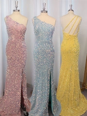 Bridesmaid Dresses Spring, Sheath One-Shoulder Sequin Sweep Train Velvet Sequins Dress