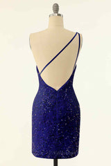 Party Dress Modest, Sheath One Shoulder Sequins Strap Back Mini Homecoming Dress